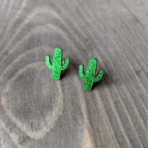 Sparkly Acrylic Cacti Stud Earrings with Green Glitter